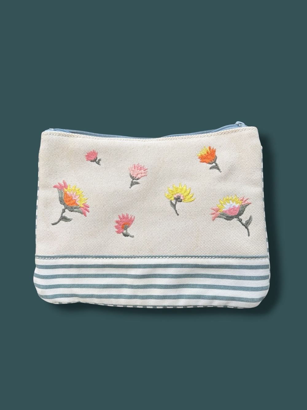 Embroidered Floral Canvas Zip Pouch in Cream and Blue